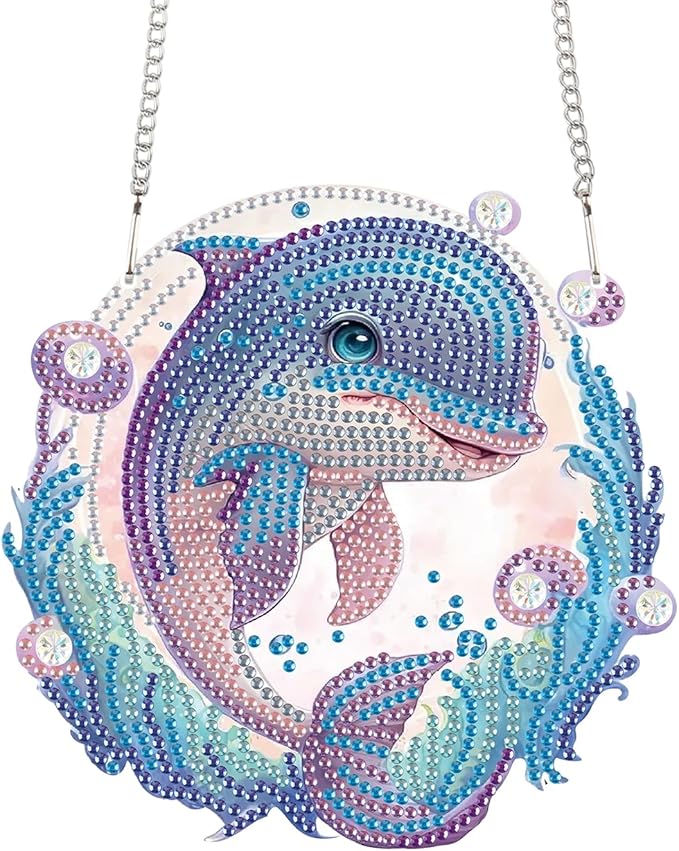 TDFERAN Diamond Painting Pendant Dolphin Mosaic Making Kits by Kits Home Decoration Pendant Diamond Peinture Hanging Diamant Painting Suncatcher Art Wind Chimes Hanging Pendants for Wall Home Decor