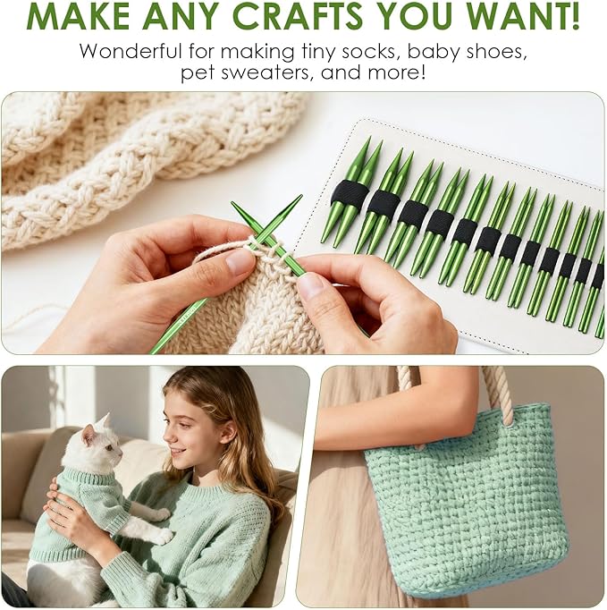 Interchangeable Circular Knitting Needles Set Premium Aluminum Knitting Kit 13 Pairs of 4 Inch with 4 Cables, Accessories and Storage Bag Green