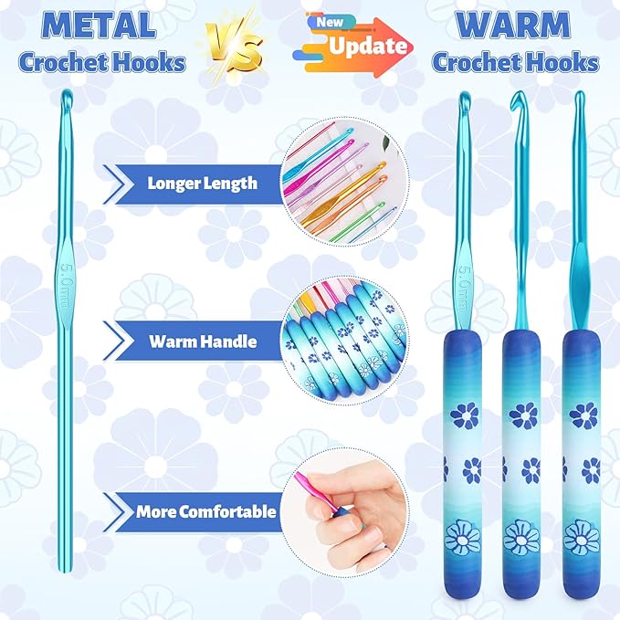 Coopay Warm Crochet Hooks Comfort Grip, Green Daisy Art Handle for Beginners, Longer Aluminum Shaft Crochet Hook Set 2.0mm-6.0mm(B-J), Smooth Needles Set for Crocheting