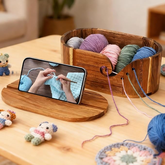 Large Oval Yarn Bowl, Crochet Bowl with 9 Crochet Hooks, Yarn Bowls for Crocheting, Gifts for People Who Love to Crochet, Acacia Wood, 11.4 x 5.9 x 5 Inch, A Gift from Nature