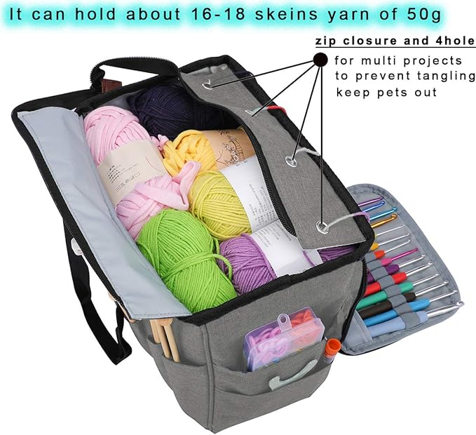 LOOEN Yarn Knitting Storage Tote-Large Capacity Crochet Organizer Portable Travel Bag With Shoulder Strap Crochet Hooks Case for Unfinished Bulk Project