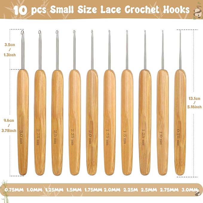 Katech 10 pcs Crochet Hooks Ergonomic Crochet Needles Bamboo Wooden Handle Small Size Crochet Hook (0.75-3.0 mm) Knit Weave Yarn Craft DIY Sewing Tools for Fine Work, Thin Yarn and Lace Knitting