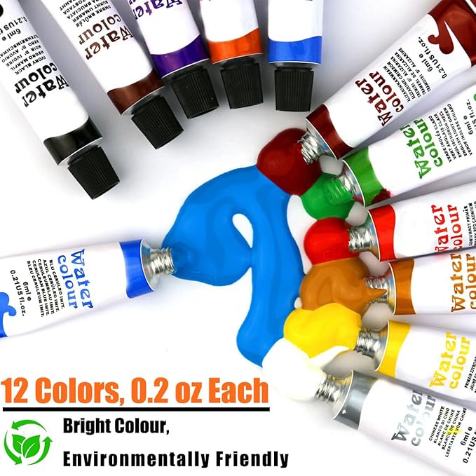 orbixa Mini Watercolor Palette Paint Set Travel Size - 12 Color Paint with 8-Wooden Grid Palette,Mini Sketchbook & Brushes | Portable Artist Supplies Kit for Students, Beginners, Outdoors Use (gray)