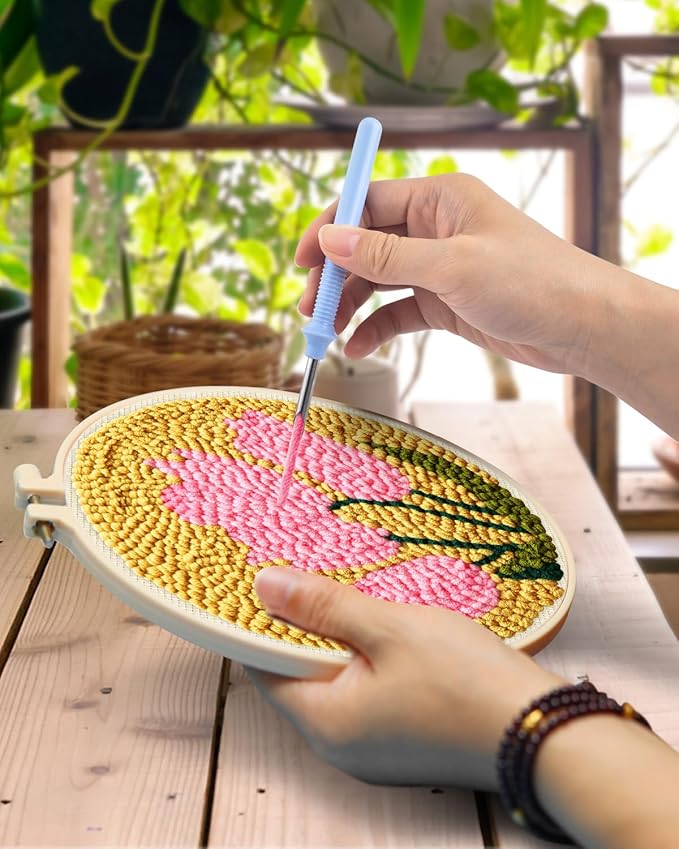 TINDTOP Punch Needle Embroidery Kits, Tulip Punch Needle Kits for Adults Beginner, Tool with Punch Needle Fabric, Hoops, Yarns and Sewing Needles