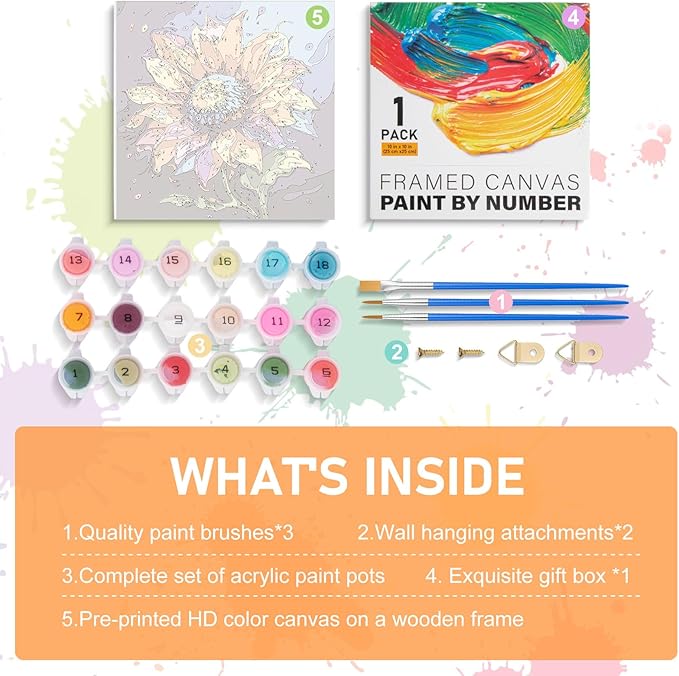Framed Paint by Numbers Kit for Adults Beginners & Kids Ages 8-12, Sunflower Acrylic Easy Paint by Number with Frame, Watercolor Paint by Number Kits on Canvas Framed (10 * 10 Inch, without Easel)