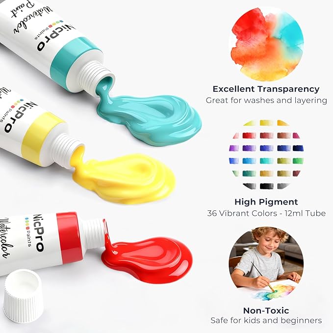 nicpro watercolor paint set for adults, 36 colors watercolor tube set (12ml,0.4oz) with10 paint brushes, 25-sheet watercolor paper book, palette, water color painting supplies for artists beginners gift