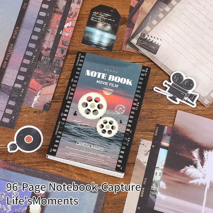 icceemee Scrapbooking Supplies Kit, Movie Film Theme Scrapbooking Kit for Bullet Junk Journaling, Stationery, A6 Grid Notebook, Flower DIY Journaling Supplies, Birthday Craft Gift for Teen Girls