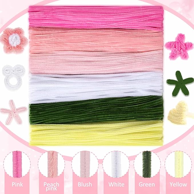 Peryiter 371 Pipe Cleaners Flowers Set, Mixed Colors Chenille Stems Bulk with Floral Wires, Gardening Tape, Stamen for DIY Flower Making Kit, Gift Idea for Mother's Day(Pink, Green, Yellow)