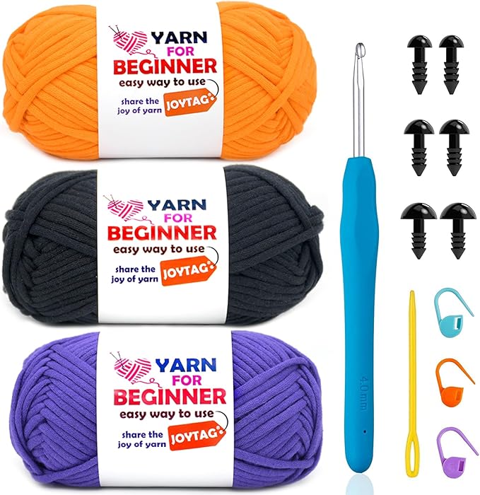 3 Pack Beginner Crochet Kit - Cotton-Nylon Blend Yarn for Crocheting & Knitting - Easy-to-See Stitches - 3x50g - Purple, Black, Orange