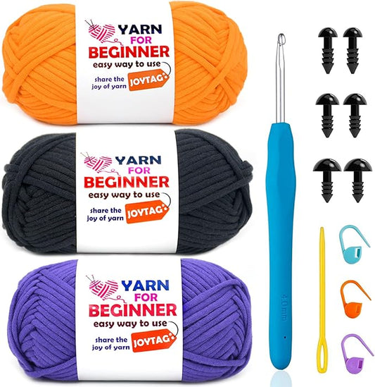 3 Pack Beginner Crochet Kit - Cotton-Nylon Blend Yarn for Crocheting & Knitting - Easy-to-See Stitches - 3x50g - Purple, Black, Orange