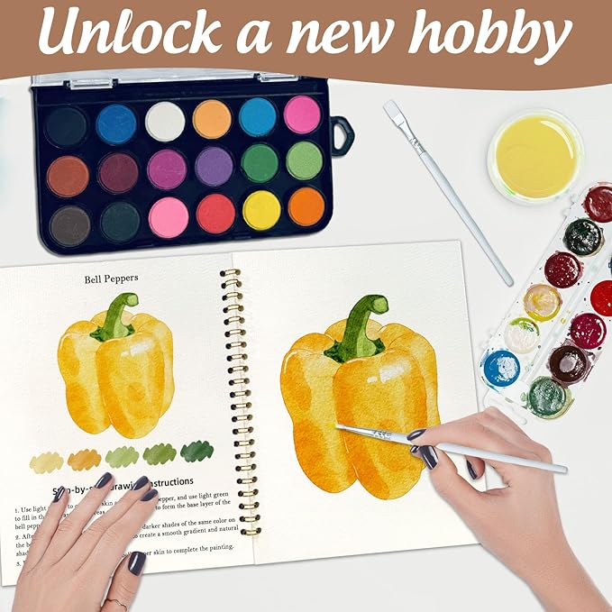 Watercolor Workbook, Water Coloring Book, 12 Different Patterns of Original DIY Designs, 18 Colors Watercolor Paint Set, Beginner-Friendly Watercolor Workbooks(Vegetables), Perfect Gifts for Adults