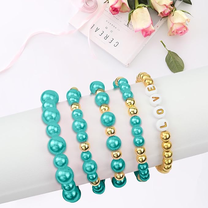 2116 PCS Pearl Beads for Bracelet Making Kit Gold Beads for Jewelry Making Kit Gold Small Spacer Bead Lake Blue Pearl Bead for Crafting Charms Necklace Earrings DIY Craft for Women Adult