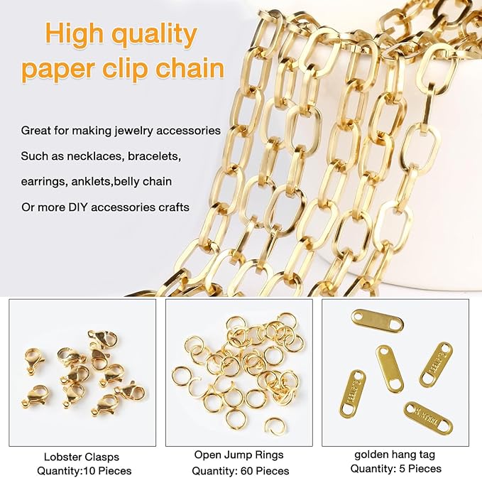 16.4Ft Paperclip Chains Rolls, Charm Necklace Chain 3.2mm Width，18K Gold Necklace Chain for Jewelry Making，Plated Charm Making kit with 10 Lobster Clasps and 60 Jump Rings