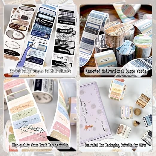 822pcs Small Vintage Motivational Quote Words Stickers Set, Ephemera for Junk Journal Supplies, 6 Rolls Decorative Tape Die Cut Stickers for Scrapbooking, Journaling, Arts Crafts, Collage