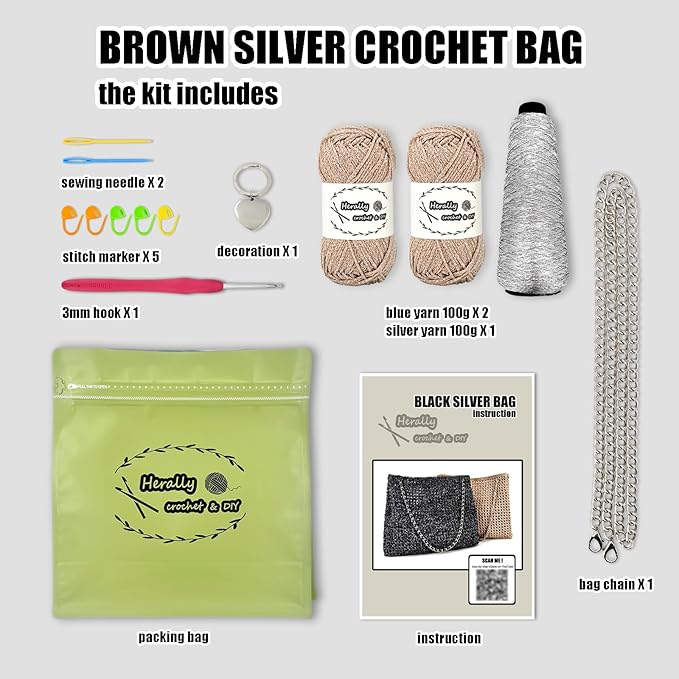 Herally Crochet Kit DIY for Beginners - Include Yarn, Hook and Accessory - with Step by Step Video Tutorials - Shining Tote Bag (Light Brown)