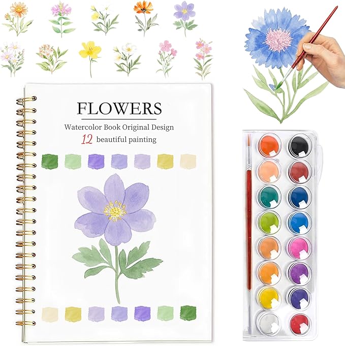 Easy Watercolor Workbook for Beginners - 12 Beautiful Step-by-Step Paintings Water Coloring Book, Includes 16 Colors Paints, Relaxing Art Projects and Creative Gift for Adults & Teen (Flowers)