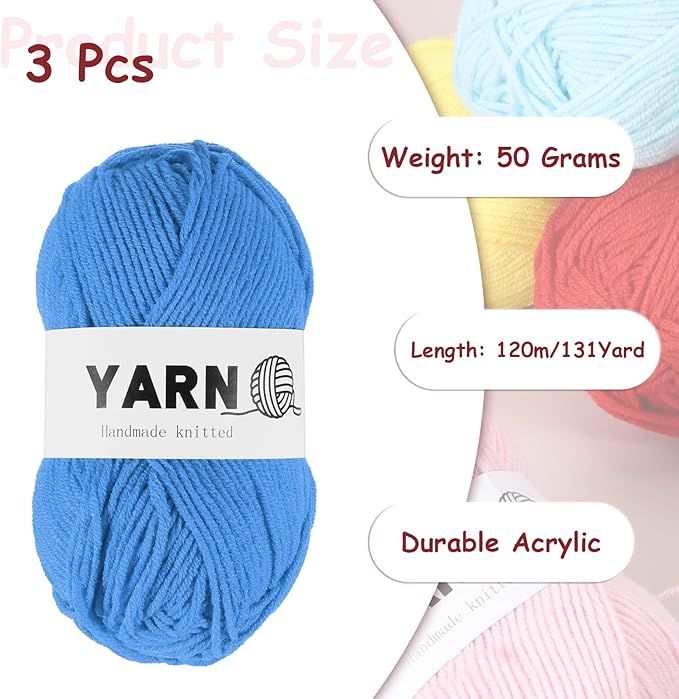 3Pcs Blue Acrylic Yarn 400 Yard 4 Ply Soft Crochet Yarns Sport Weight Yarn,[for DIY Crocheting Knitting Craft Blankets Hats]-150g