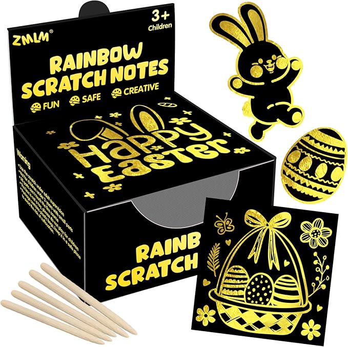 ZMLM Easter Basket Stuffers for Kids, 165 Rainbow Scratch Paper Art Notes: Easter Crafts for Kids Ages 4-8, Gifts Girls Boys Toys Classroom Prizes for Students School Activity(Gold)