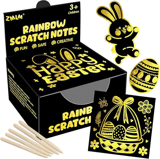 ZMLM Easter Basket Stuffers for Kids, 165 Rainbow Scratch Paper Art Notes: Easter Crafts for Kids Ages 4-8, Gifts Girls Boys Toys Classroom Prizes for Students School Activity(Gold)