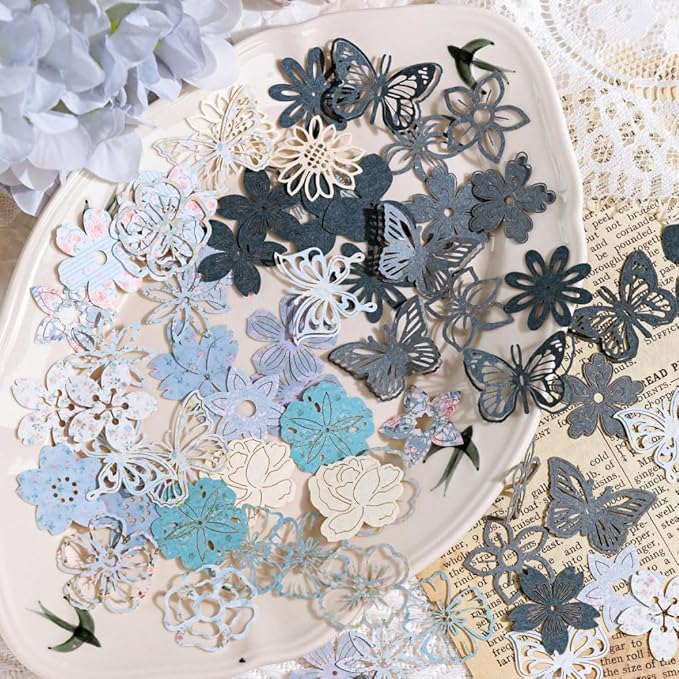 300pcs Scrapbook Paper Cutouts Lace Flowers Butterfly for Scrapbooking Embellishments Supplies, Junk Journaling, Card Making, Mixed Media, Vintage Diecut Floral Collage Materials