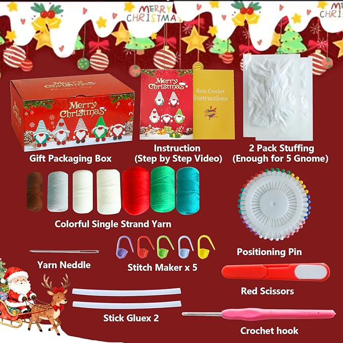 AUGVO Christmas Crochet Kit for Beginners, Crochet Starter Kits for Adults, Amigurumi Craft Knitting Crochet Animals Kits with Step-by-Step Video Tutorials, 5 Pack Gnome