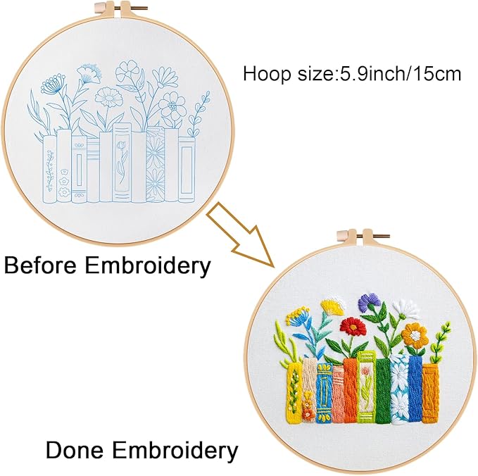 Louise Maelys Funny Embroidery Kits for Beginners,Cross Stitch Kit for Adults,DIY Needlepoint with Books Bookmarks and Flowers Pattern