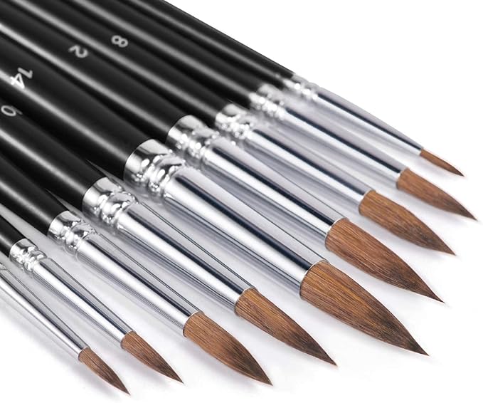 Sable Watercolor Brushes, Fuumuui 9pcs Detail to Mop Sable Brushes Round Pointed Professional Water Color Brushes Perfect for Watercolor Gouache Acrylic Ink Painting