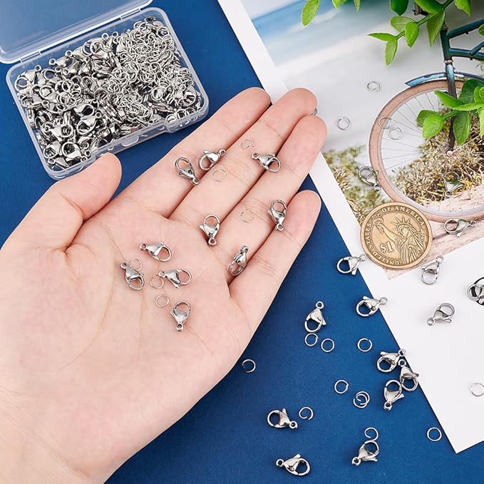 PH PandaHall 100pcs 304 Stainless Steel Lobster Claw Clasps, Metal Lobster Clasps for Jewelry Making with 300pcs 5mm Open Jump Rings Necklace Clasps and Closures for DIY Bracelet Earrings Crafts