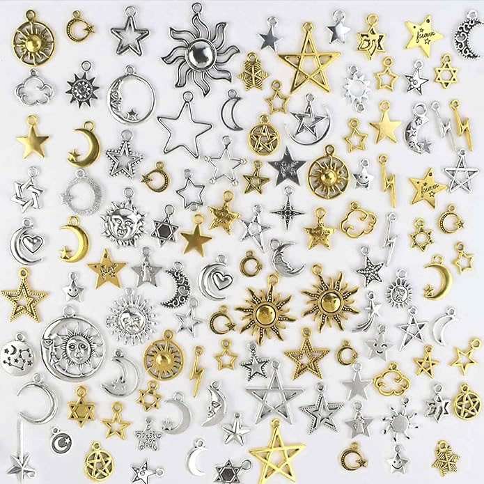 110 Pieces Sun and Moon Charms for Jewelry Making - Alloy Moon Pendants, Vintage Star Celestial Charms for Necklace, Bracelet, Earrings - Antique Silver Pendant Craft DIY Jewelry Making Supplies