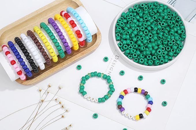 1000Pcs Green Pony Beads Necklace Crafts 6x9mm Bulk Plastic Bead for Bracelets, Hair Braids Hair Pony Kandi Beads for Jewelry Making Keychain (Green)
