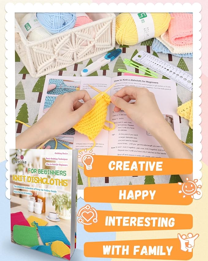Aeelike Knitting Kit for Beginners, Complete Beginner Knitting Kit Easy Knitting Set Including Knitting Needles Set Cotton Yarn, Learn to Knit Dishcloth with Step-by-Step Instructions, Colorful