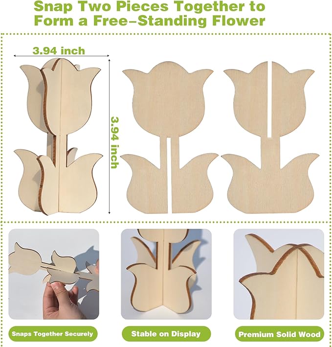 Mykzarpnix Wooden Flower Painting Kit, 12 Unfinished Wood 3D Flowers to Paint, DIY Spring Craft Set for Adults and Family, Blank Tulip Wood Cutouts for Home Decor, Tabletop Mantel Display