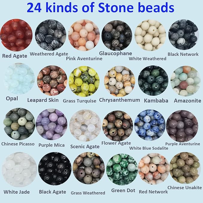 Yephac 1200pcs 6mm Natural Round Stone Beads - Gemstone Loose Beads Hole Size 1mm for Bracelet Necklace Earrings Jewelry Making, Box Packed (24 Material-2, 6mm)