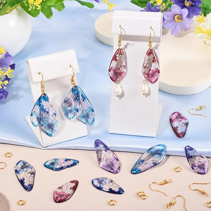 FASHEWELRY 16Pcs Resin Fairy Wing Earring Charms Pink Purple Blue Butterfly Wing Pendants Flower Print Feather Charms with Jump Rings Earrings Hooks for DIY Earring Jewelry Making