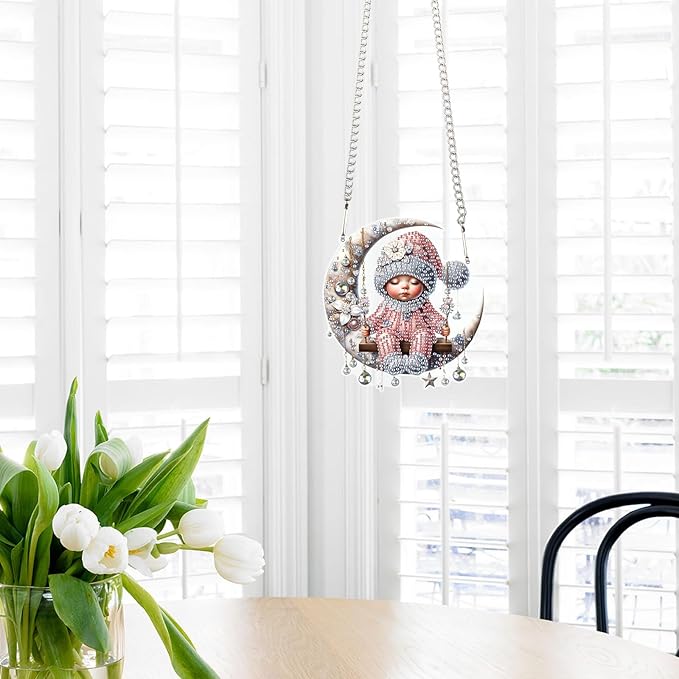 AiYuanzsh Christmas Baby on Moon Diamond Painting Hanging Kit, DIY 5D Acrylic Diamond Art Pendant with Special Shaped Rhinestones, Elegant Wall or Window Decoration, Handmade Craft Gift for Adults