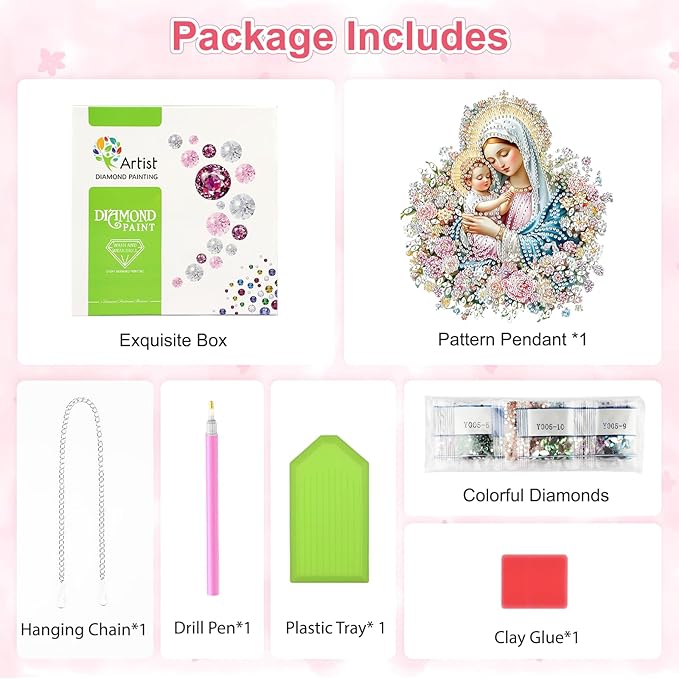 Religious Virgin Mary Diamond Art Hanging Ornaments Kits for Adults, Diamond Painting Pendant Kits, DIY Acrylic 5D Special Shaped Crystal Gem Art Painting Ornament for Home Wall Decor Gift 8x8 Inch
