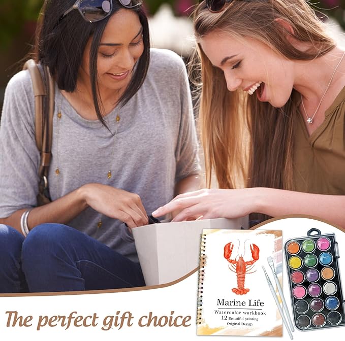 Watercolor Workbook, Water Coloring Book, 12 Different Patterns of Original DIY Designs, 18 Colors Watercolor Paint Set, Beginner-Friendly Watercolor Workbooks(Marine organisms)