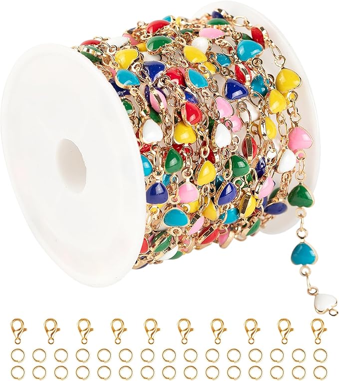 YOUBEIYEE 3 Meters Mixed Color Heart Chains Necklace DIY Gold Plated Chain for Jewelry Making Funny Enamel Bead Chain Decoration Chains Bulk