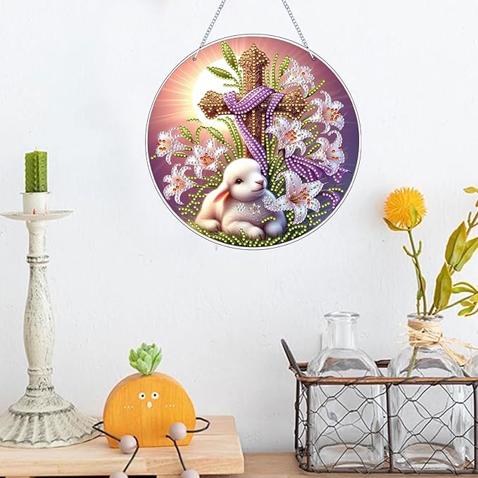 Zyvoreva DIY Rabbit Diamond Art Painting Kits for Adults, Easter Special Shape Double Sided Acrylic Rhinestone Painting, Window Wall Hanging Ornament Pendants for Home Garden Decor