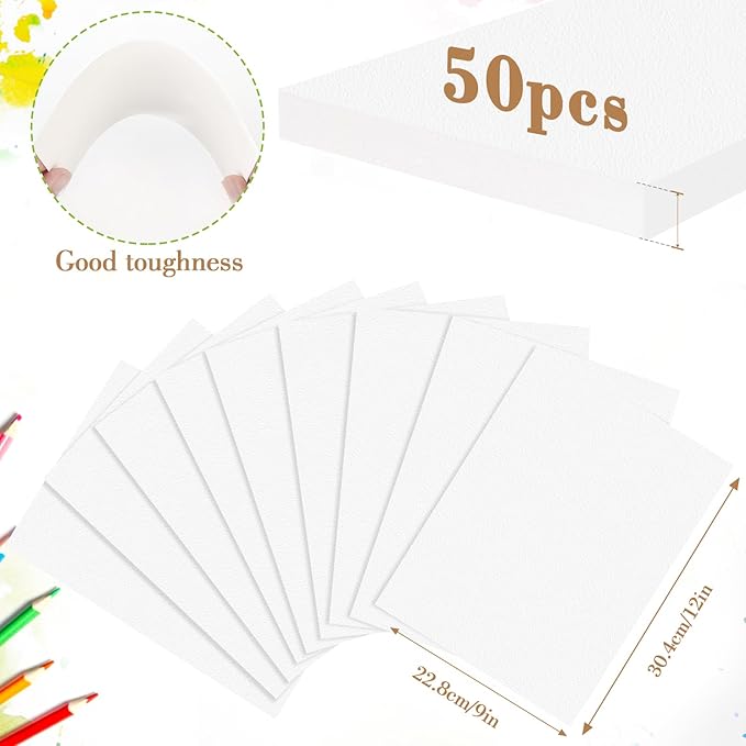 50PCS 9x12 Watercolor Paper Bulk, 140lb/300g Cold Press Thick Water Color Paper Pad for Child Adult, White Art Paper for Drawing Painting Markers Gouache, Textured Cotton Paper Sheets