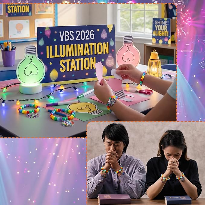 Tondiamo 24 Sets VBS 2026 Bracelet Crafts Kits Illumination Theme Bracelet Making Kit DIY Light Bulb Rainbow Bead Wristband Charms for Vacation Bible School Jewelry Making Supplies