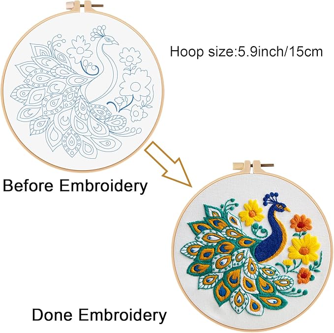 Louise Maelys Peacock Flower Embroidery Kits for Beginners,Cross Stitch Kit for Adults,DIY Needlepoint Kits Including Embroidery Hoop,Instruction and Threads