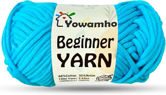 Yarn for Crocheting & Knitting, 100g Cotton Yarn for Beginners with Easy-to-See Stitches,100m (109yds) Worsted Soft Cotton-Nylon Blend Yarn, Blue.