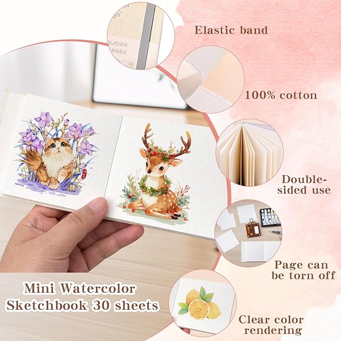Mini Watercolor Paint Set – Travel Watercolor Set with 8 Color Palette, 300g Sketchbook, Water Brushes, Clip & Storage Bag, Pocket Size Portable Water Color Kit for Artists, Students & Beginners