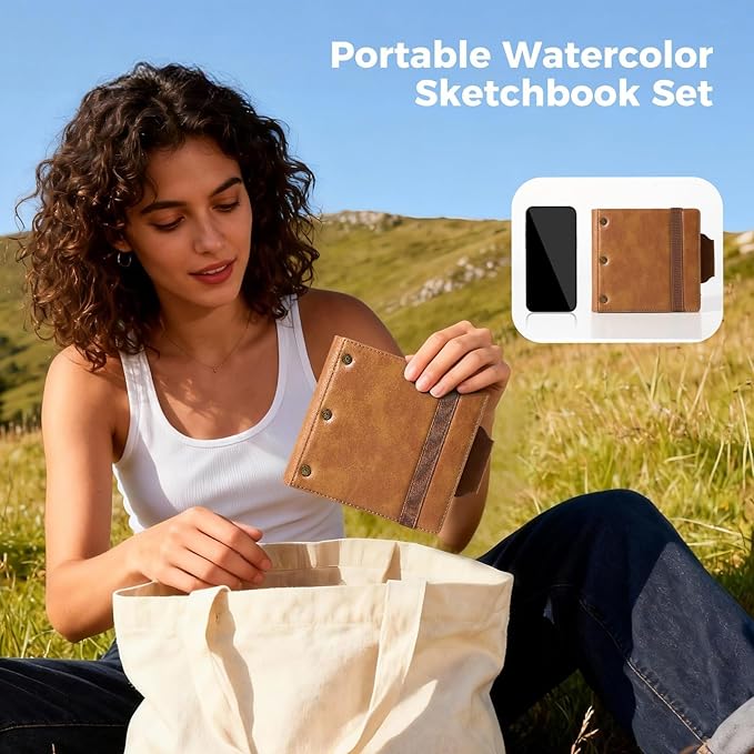 Portable Watercolor Sketchbook Set - 100% Cotton Cold Press 5.1x4.3 Inch 20Sheets Binder Art Journal with 18-Well Ceramic Paint Palette & Travel Watercolor Brushes for Artists Outdoor Painting