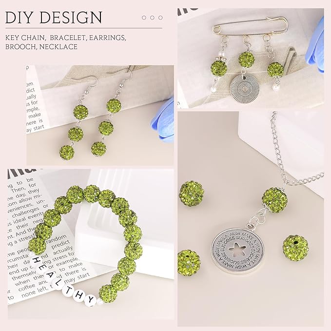 200 pcs olivine rhinestone beads for jewelry making, sparkle crystal clay christmas for bracelet baseball necklace earring crafting and diy, shiny round shamballa disco ball beads bulk