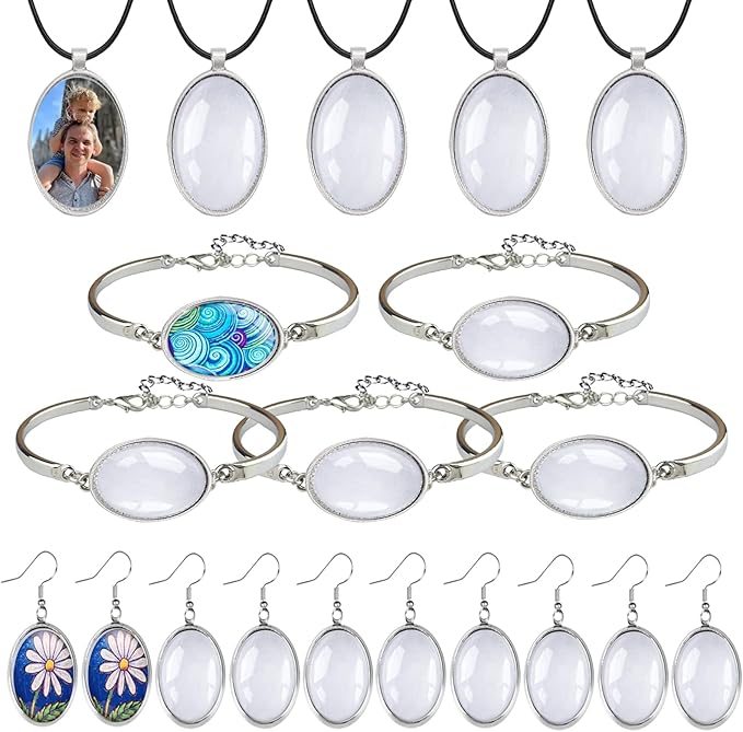 Pendant Trays Set for DIY Jewelry Making Crafts, Oval Glass Cabochon Pendant Bezel Trays, Bracelet Blank Trays and Earrings Blanks Charms for Gift
