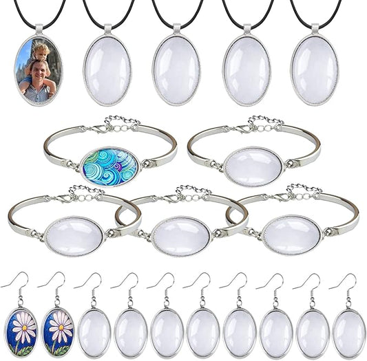 Pendant Trays Set for DIY Jewelry Making Crafts, Oval Glass Cabochon Pendant Bezel Trays, Bracelet Blank Trays and Earrings Blanks Charms for Gift