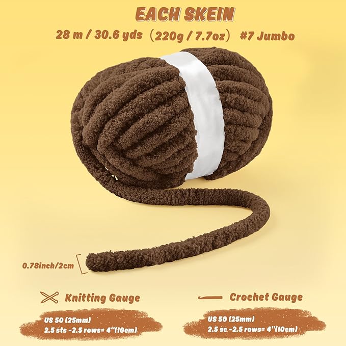 Inhand 18 Pack Chunky Chenille Yarn for Crocheting–30.6 Yards, 7.7oz, Soft Fluffy Thick Yarn,Gifts for Men/Women Birthday Christmas Unique,Hand Knitting for Blankets&DIY Crafts (Coffee)