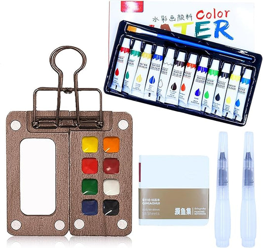 Mini Watercolor Travel Paint Set - Mini Paint Palette Travel Kit, Pocketartist Watercolor Set with Colours, Binder Clips, 3 Watercolor Pens, Brush for Painters Artists Student